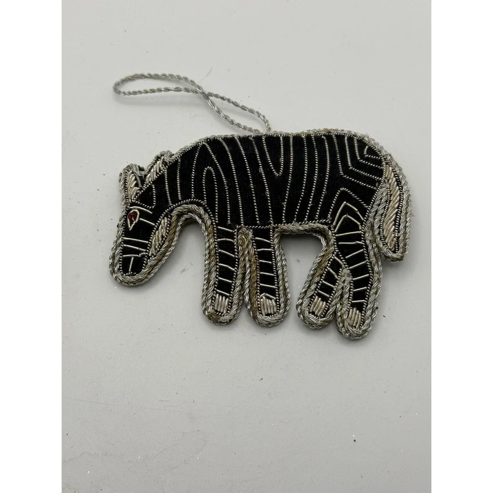 Handmade Zebra Ornament Set Carved Wood & Embroidered Metallic Fabric 2pc